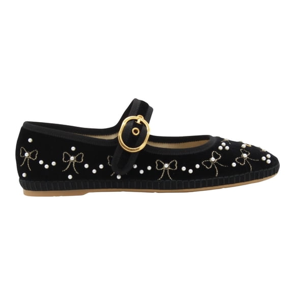 Valentino Garavani Embellished Black Velvet Flats With Pearl Details Black (Women's)