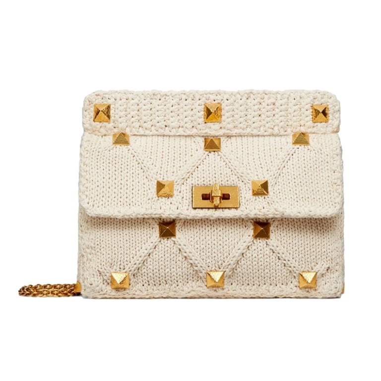 Valentino Garavani Roman Stud Large Shoulder Bag Ivory Knit