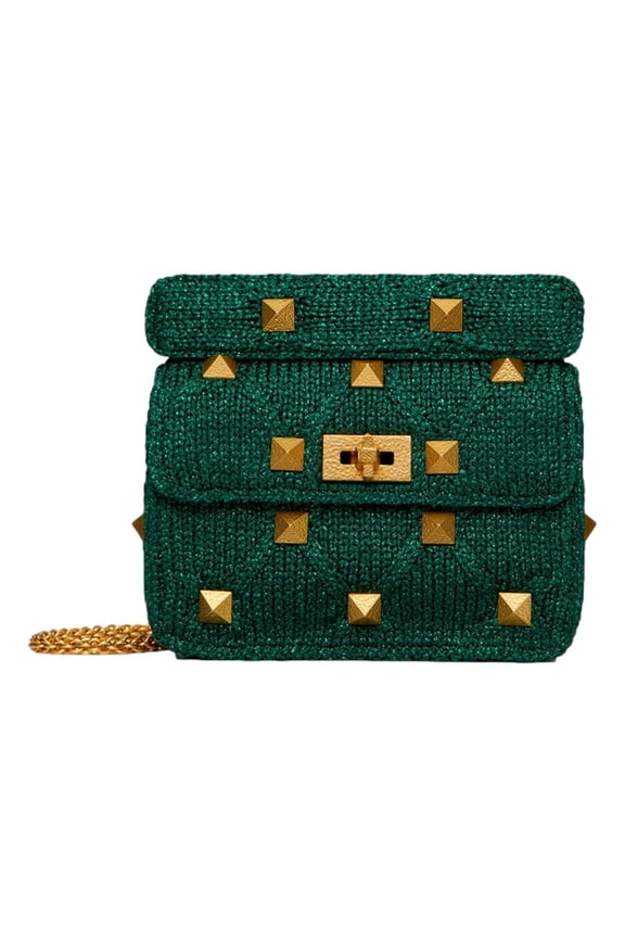 Garavani Roman Stud Medium Shoulder Bag Metallic Green Lurex