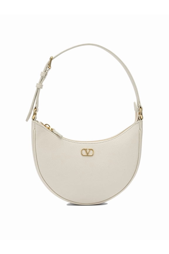 Garavani Women's Crescent-Shaped White Shoulder Bag In Textured Calf Leather Grey