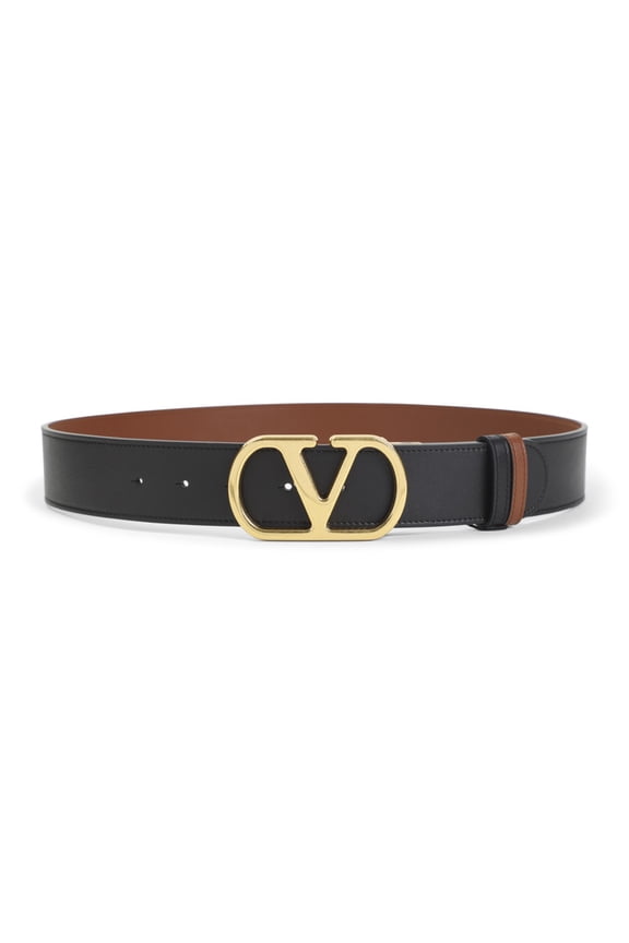 Garavani Women's Reversible Calf Leather Belt With Distinctive Gold-Tone V-Buckle Black