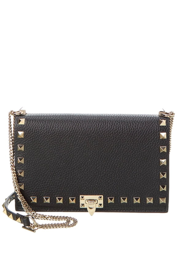 Rockstud Grainy Leather Crossbody, Black