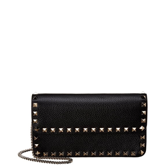 Valentino Rockstud Grainy Leather Wallet On Chain, Black