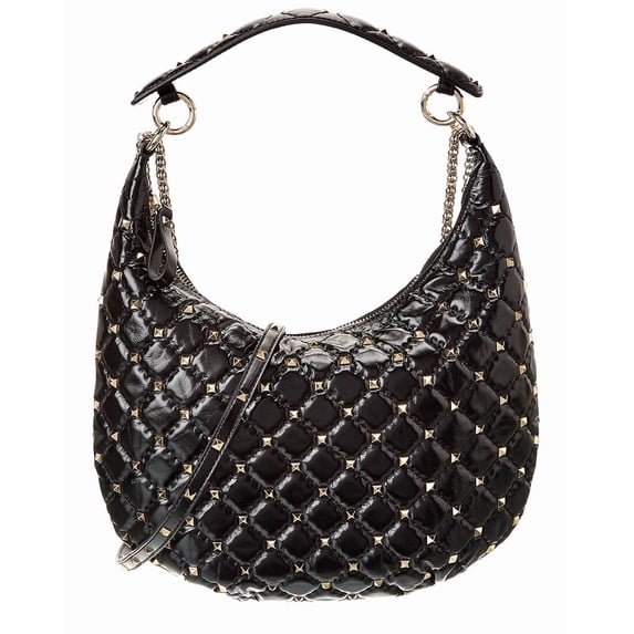 Valentino Rockstud Spike Leather Hobo Bag, Black