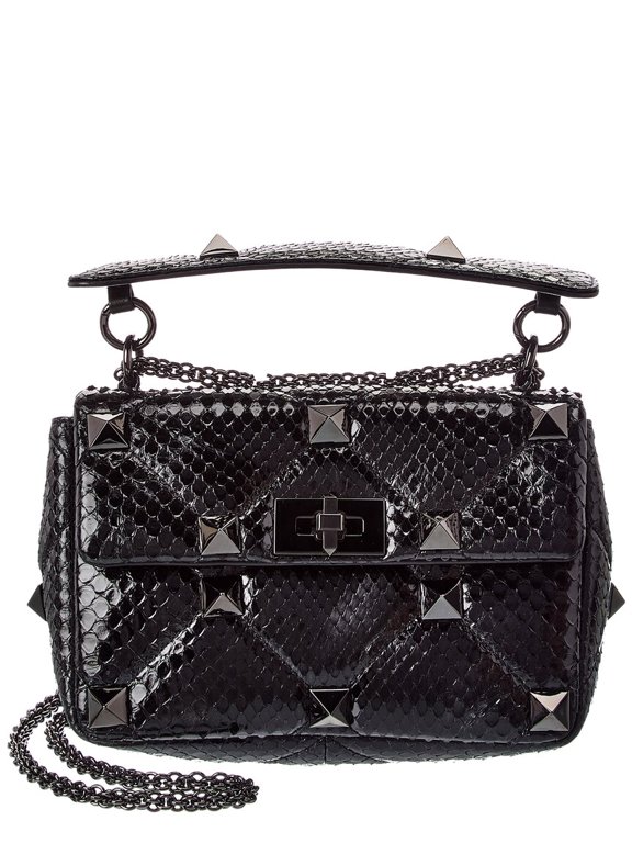 Roman Stud Medium Python Shoulder Bag, Black