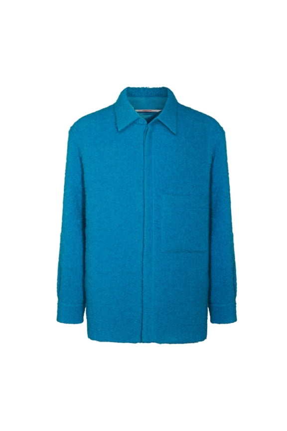 Textured Blue Coat With Classic Collar And Concealed Buttons (Men's)