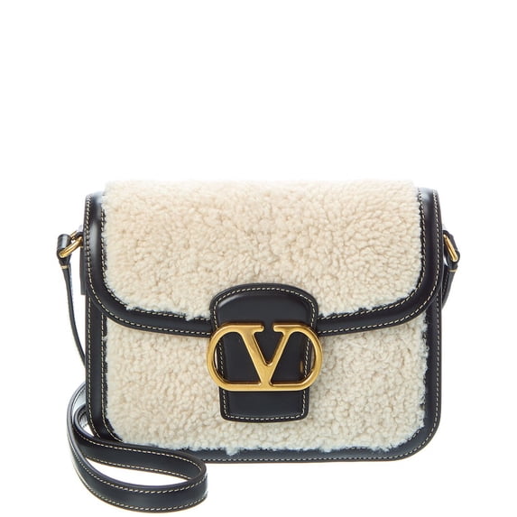 Valentino VLogo Shearling & Leather Shoulder Bag, Black