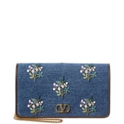 Valentino VLogo Signature Mini Leather & Denim Wallet On Chain, Brown