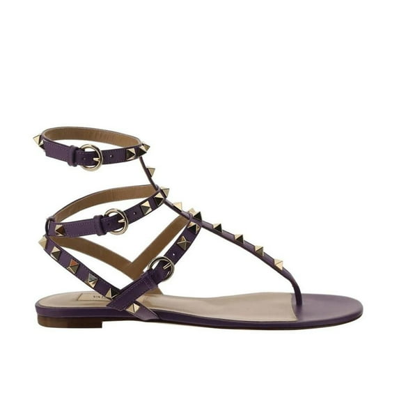 Valentino Women's Strapped Rockstud Flat Sandals in Purple