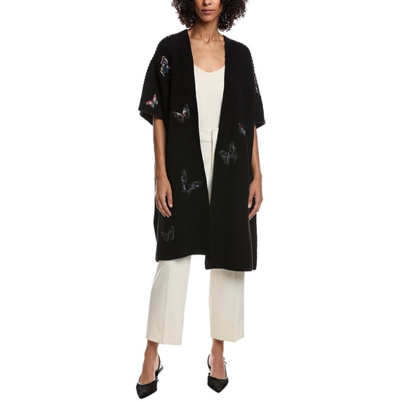 Valentino womens Embroidered Wool Poncho, XL, Black
