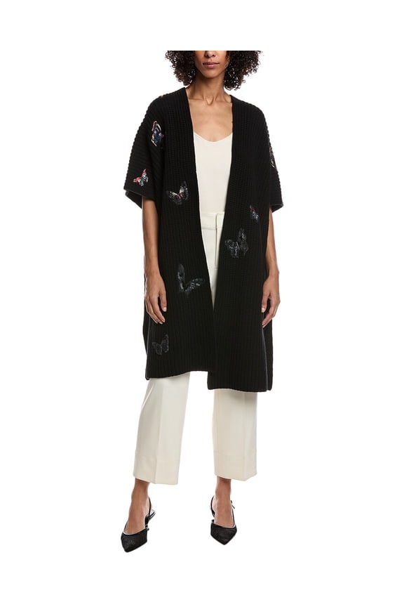 womens  Embroidered Wool Poncho, s, Black