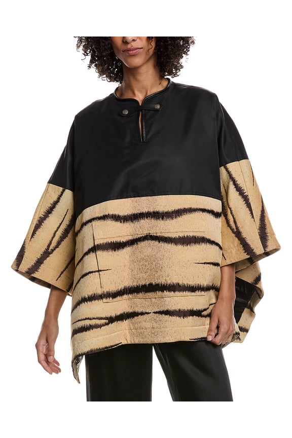 womens Jacquard Wool-Blend Down Poncho, s, Black