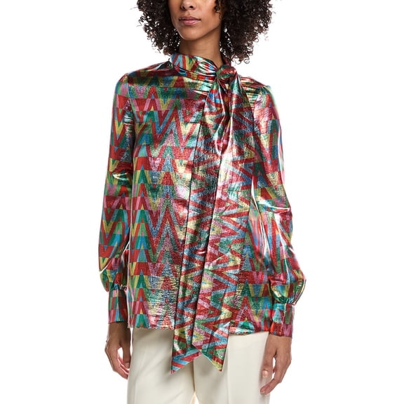 Valentino womens  Metallic Logo Silk-Blend Shirt, 40, Red