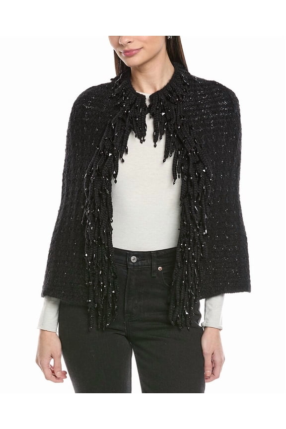 womens  Mohair & Wool-Blend Fringe Poncho, XXS, Black