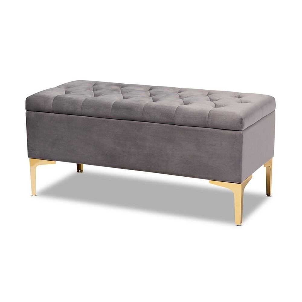 Valere Grey Velvet Gold-Finished Button Tufted Storage Ottoman