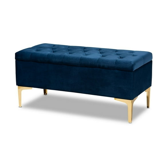 Valere Glam and Luxe Navy Blue Velvet Fabric Upholstered Gold Finished Button Tufted Storage Ottoman