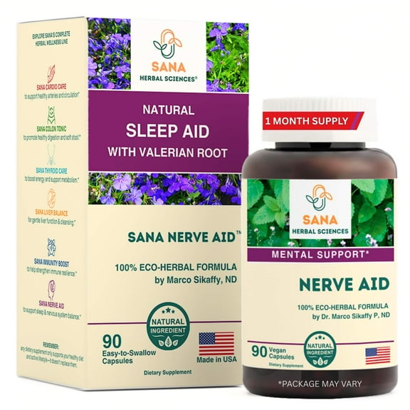 Sana Herbal Nerve Aid Natural Sleep Support for Adults, Valerian Root with Skullcap & Lobelia Non-Habit Forming, 90 Capsules