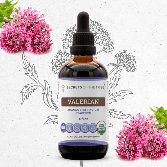 Secrets Of The Tribe Valerian Organic Tincture Dietary Supplement, Natural Herbal Extract for Stress Support, Certified Organic Valerian (Valeriana officinalis) Dried Root, Alcohol-Free Extract, 4 oz