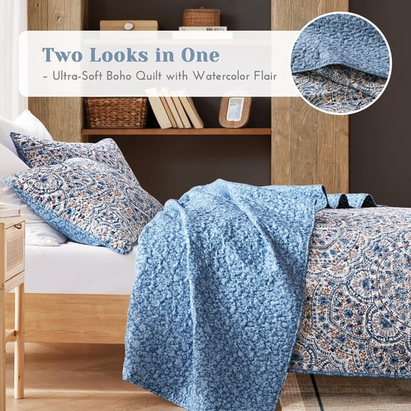 Valerie Boho Quilt Set King Blue - Soft Lightweight Bedding with Watercolor Medallion Design, Reversible All Season Quilt for Master Bedroom or Guest Room