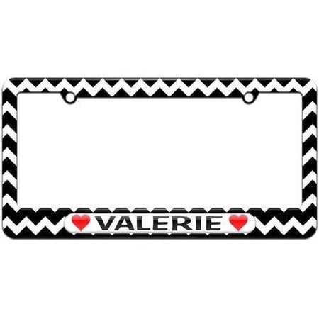 Valerie Love with Hearts License Plate Tag Frame, Black Chevrons Design