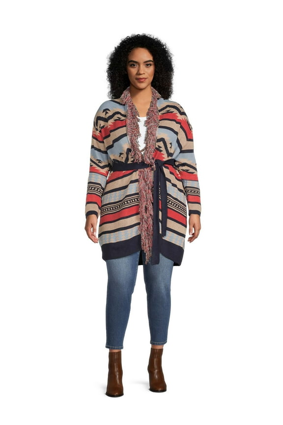 Women's Plus Size Open Front Fringe Cardigan, Midweight