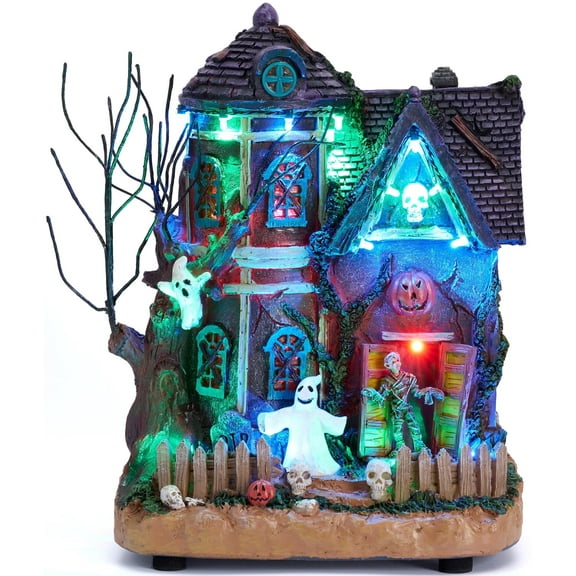 Valery Madelyn 10.24 inches Musical Halloween Village Colorful Lighted Halloween House with Mummies Ghosts & Haunted Tree for Indoor Fireplace Hallways