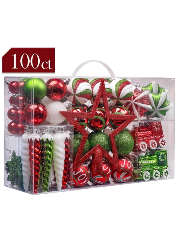 Valery Madelyn 100ct Joyful Christmas Ball Ornaments, Red Green White Shatterproof Christmas Tree Ornaments, Christmas Value Pack for Xmas Decoration