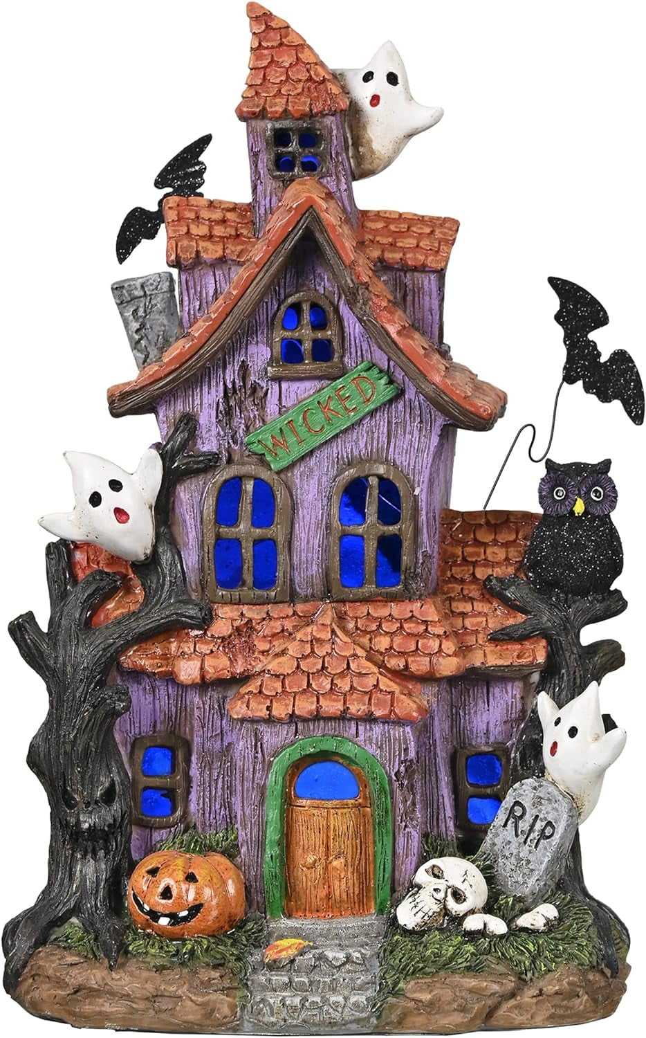 Valery Madelyn 11.6 inches Pre-Lit Halloween Village Lighted Halloween Haunted House with Ghosts \u0026 LED Warm Yellow Light \u0026 Bats for Table Living Room Fireplace Indoor