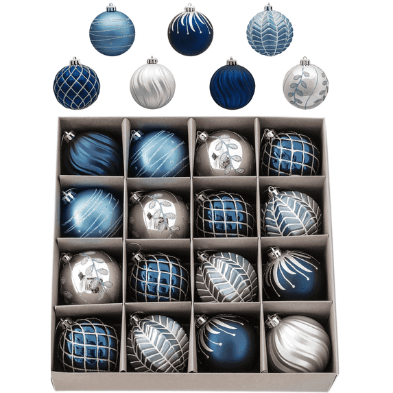 Valery Madelyn 16ct 3.15" Christmas Ball Ornaments, Blue Silver Haning Christmas tree Decorations