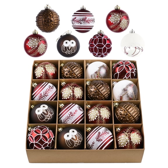 Valery Madelyn 16ct 3.15 inches Christmas Ornaments, Shatterproof Rustic Red White Copper Assorted Hanging Christmas Decor for Holiday Party and Decoration