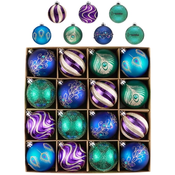 Valery Madelyn 16ct 3.15" Christmas Ornaments, Peacock Green Purple Blue Christmas Ball Ornaments for Holiday Party Decor