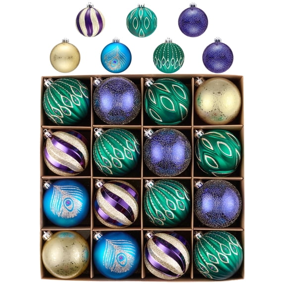 Valery Madelyn 16ct 3.15" Christmas Ball Ornaments, Peacock Green Purple Blue Shatterproof Ornaments for Party Decor