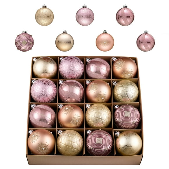 Valery Madelyn 16ct 3.15" Christmas Ornaments, Pink Gold Christmas Tree Ornaments for Holiday Party Decor