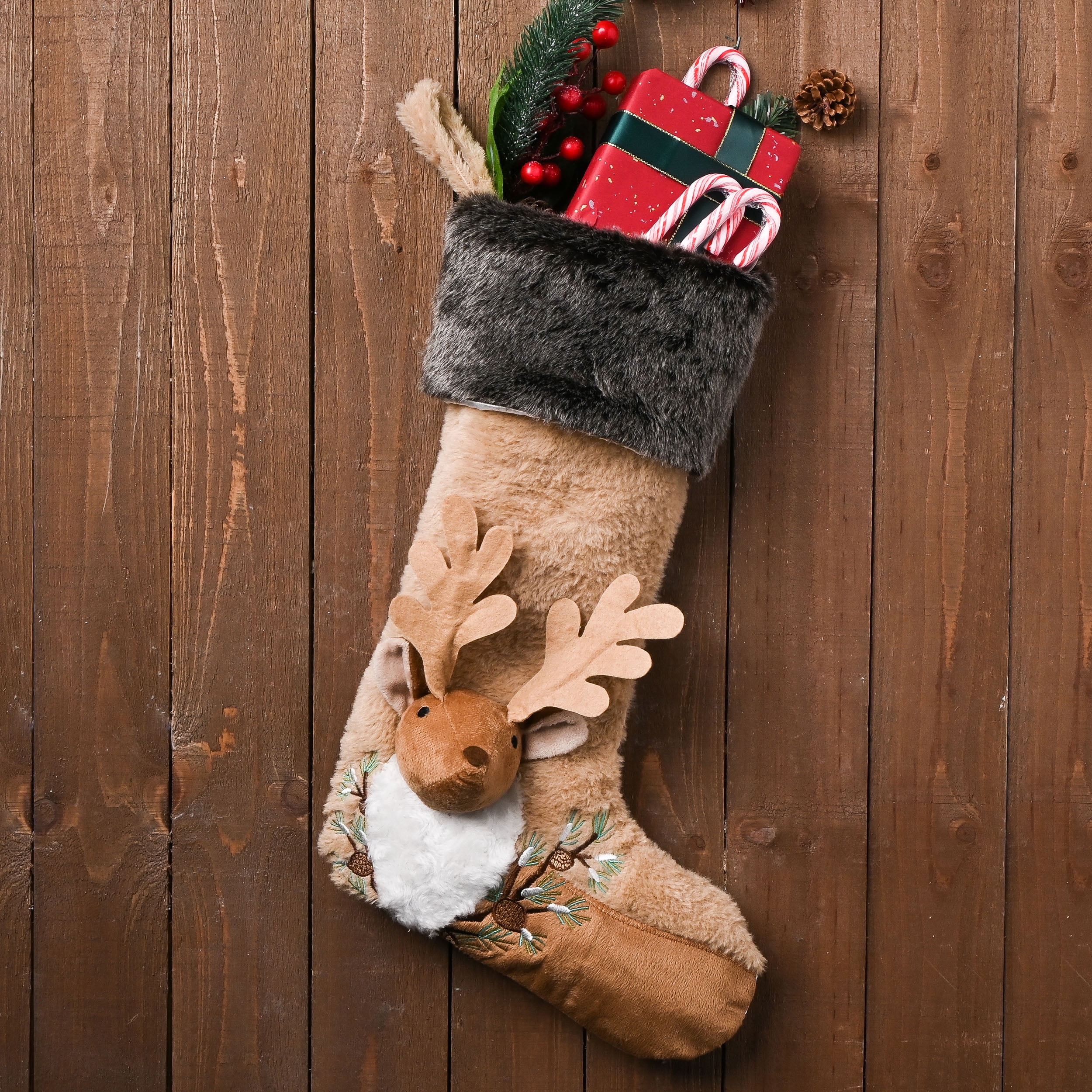 21-Inch Brown Velvet Reindeer Christmas Stocking with Faux Fur Cuff