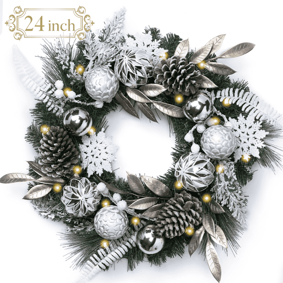 Valery Madelyn 24 inches Pre-Lit Christmas Wreath Silver White Lighted Wreath with Pine Cone & Snowflake & Silver White Ornament Perfect Gift for Wedding Valentine's Day Party Front Door Decoration
