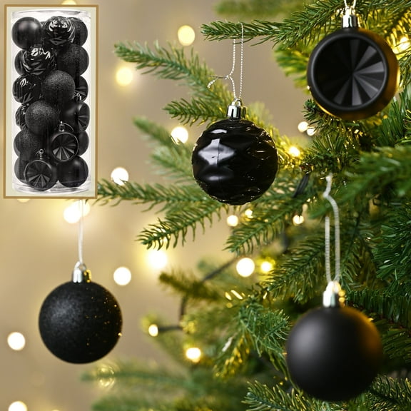 Valery Madelyn 24ct 2.36 inches Christmas Party Ornaments Set, Black Shatterproof Decorative Hanging Ornaments for Xmas Holiday Tree Decorations