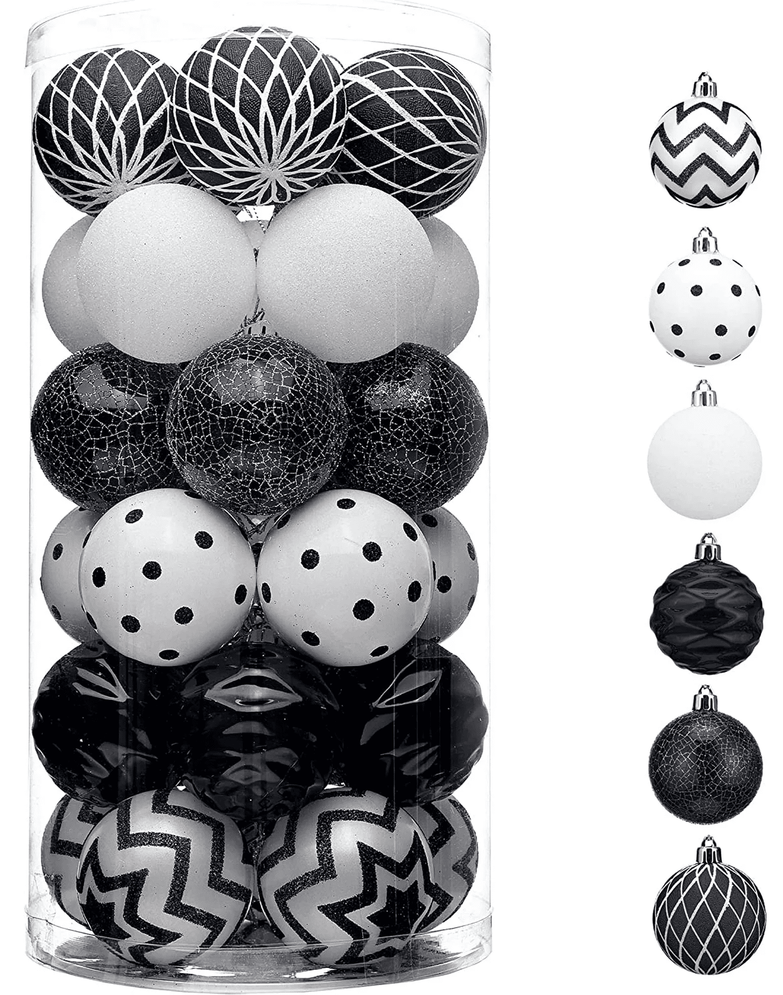 Valery Madelyn Christmas Ornaments Tree Decorations Indoor, 30ct 2.36 Inch Shatterproof Black and White Party Decorative Hanging Ornaments Set for Xmas Holiday Decor