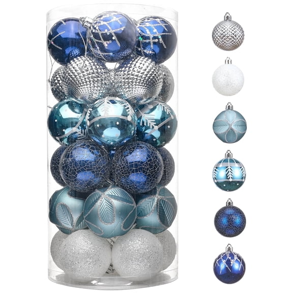 Valery Madelyn 30ct 2.36" Winter Wishes Silver and Blue Christmas Ball Ornaments, Shatterproof  Ornaments, Hanging Baubles for Holidy Decor