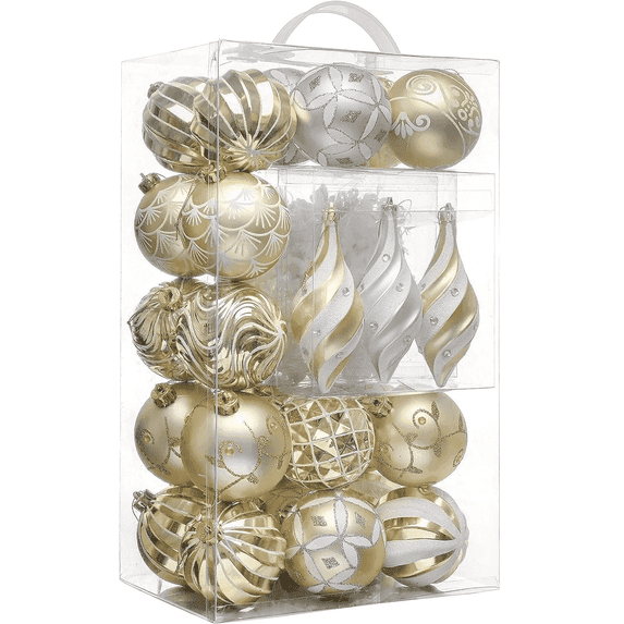 Valery Madelyn 40ct Christmas Ornaments, White Gold Shatterproof Tree Ornaments Set for Christmas Party Decor