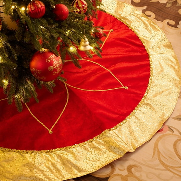 Valery Madelyn 48" Christmas Tree Skirt, Luxury Red Gold Large Christmas Tree Skirt for Holiday Party Christmas Decor