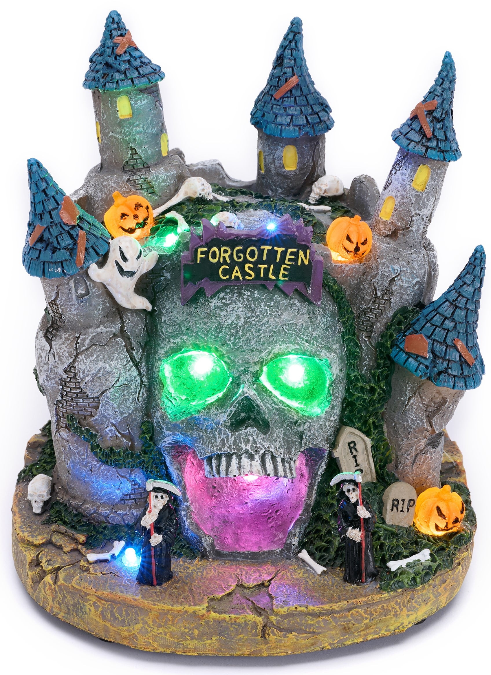 Valery Madelyn 6.34 inches Haunted House Halloween Decoration with Skull ,Pumpkins, Ghosts, and Tombstones, Lighted Halloween Village for Home Party Decor