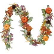 Valery Madelyn 6 ft Pre-Lit Fall Garland Lighted Thanksgiving Garland with Orange Pumpkin & Maple Leaf & Wheat for Fireplace Farmhouse Front Door Indoor Swing Frames