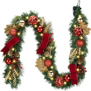 Valery Madelyn 6 ft Pre-Lit Christmas Garland Red Gold Lighted Garland with Bow & Ornament Perfect for Wedding Valentine's Day Party Table Decoration