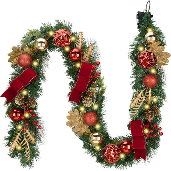 Valery Madelyn 6 ft Pre-Lit Christmas Garland Red Gold Lighted Garland with Bow & Ornament Perfect for Wedding Valentine's Day Party Table Decoration