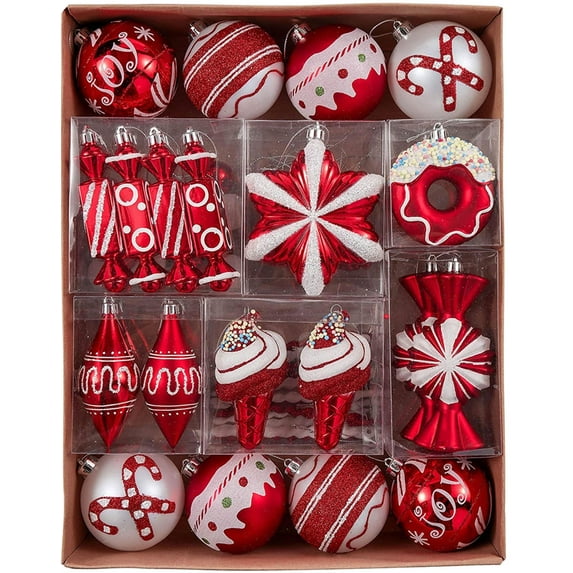Valery Madelyn 60ct Christmas Ornaments, Shatterproof Candy Cane Red and White Holiday Tree Ornaments Set, Assorted Decorative Hanging Ball Ornaments Bulk for Family Christmas Decoration