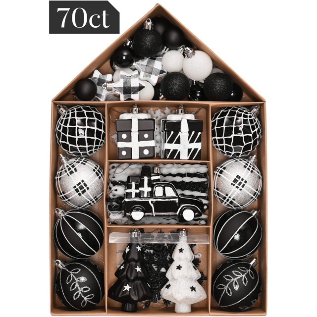 Valery Madelyn 70ct Christmas Tree Ornaments Set, Black and White Shatterproof Christmas Tree