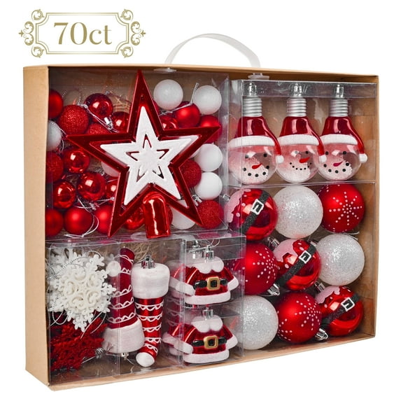 Valery Madelyn 70ct Christmas Ornaments Set, Red White Christmas Tree Ornaments for Holiday Party Decor