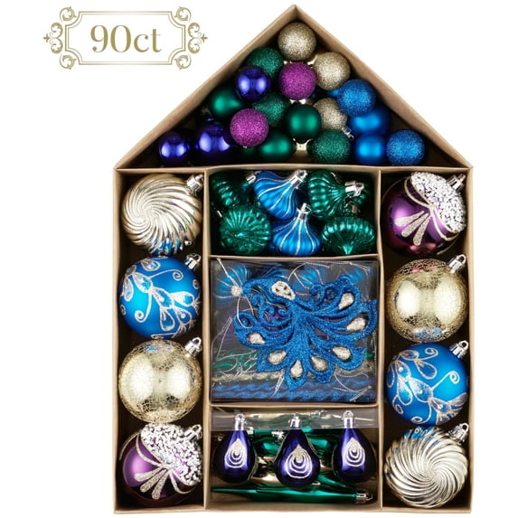 Valery Madelyn 90ct Christmas Ornaments Set, Peacock Green Purple Blue Shatterproof Ornaments for Holiday Party Decor