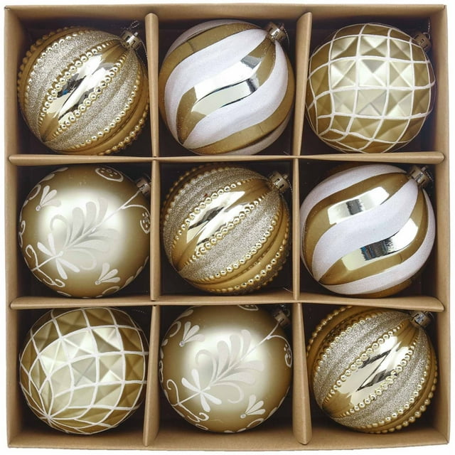 Valery Madelyn 9ct 3.94 Inches Christmas Tree Ornaments Set, White and Gold Shatterproof