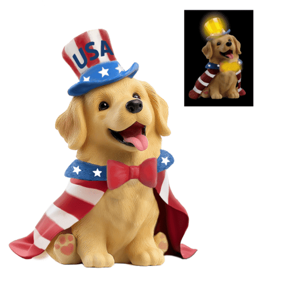 TERESA'S COLLECTIONS the Fourth of July Decor, Dog Statue with American National Day Costume and Solar Light, Waterproof Resin Garden Decor, Independence Day, Patriotic Gift